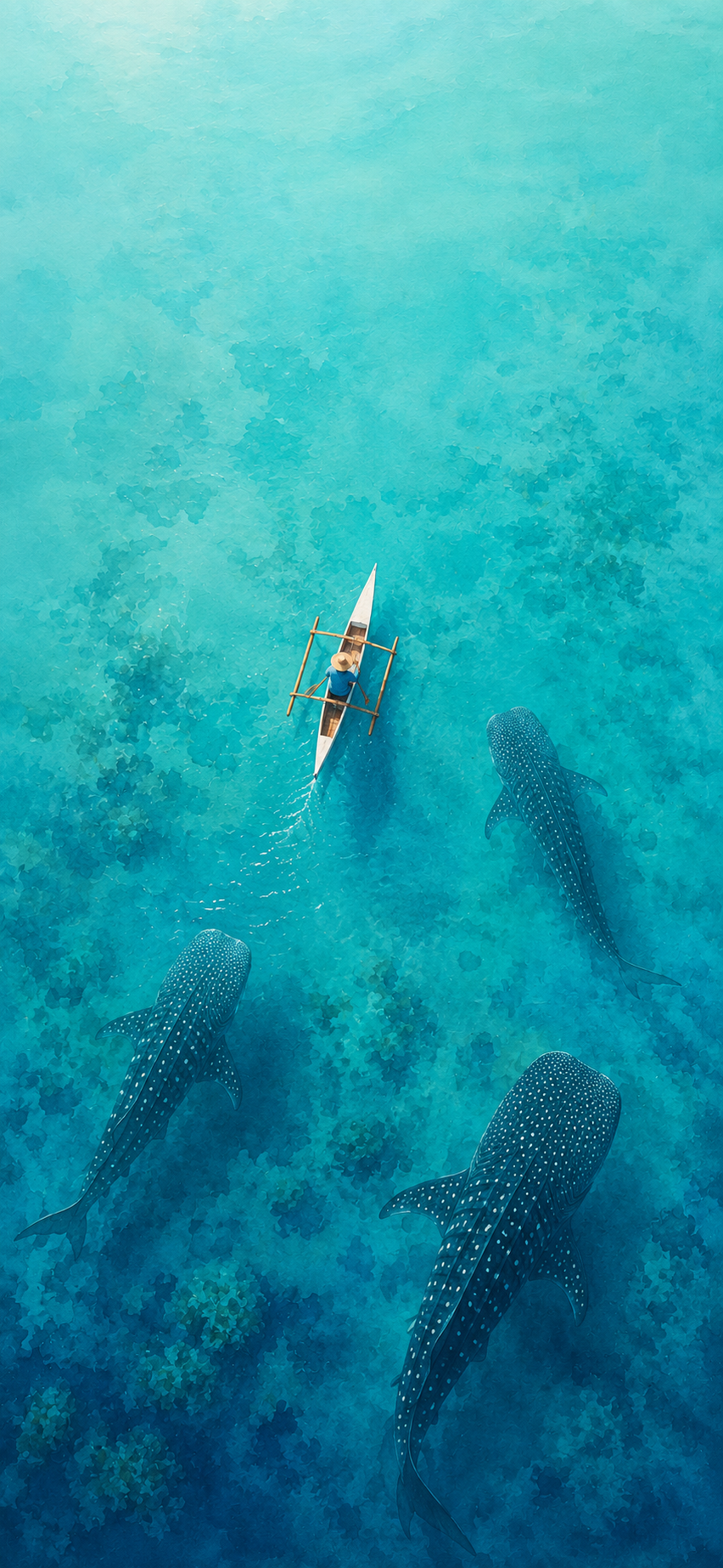 Top-down view of a traditional canoe floating above three whale sharks swimming over coral reefs in clear tropical water.