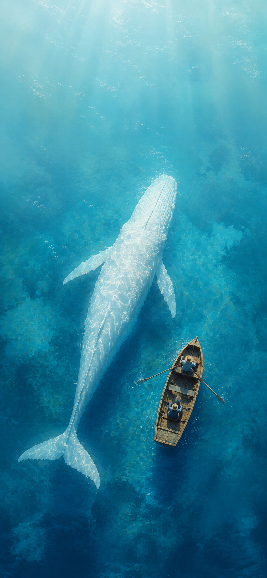 Top-down view of a giant white whale beneath a wooden boat in clear blue ocean water.