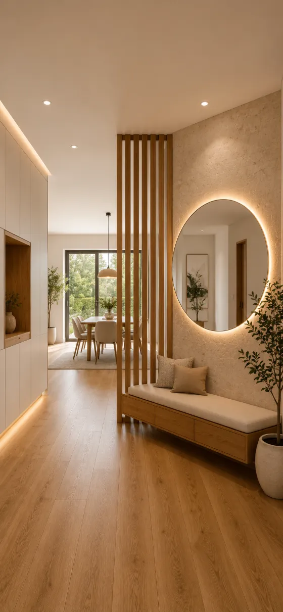 Modern entryway interior with circular LED mirror, textured stone wall, wood slat divider, bench, wood floor, and dining area.