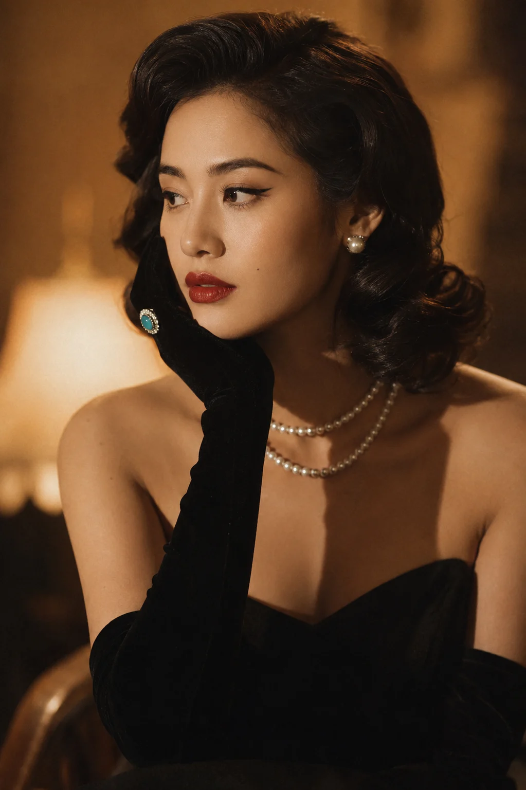 Classic vintage fashion portrait with elegant accessories and golden light.