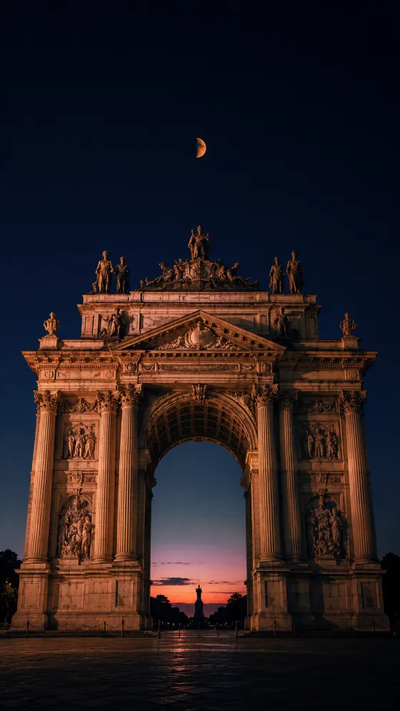 Monumental neoclassical arch illuminated at dusk beneath a dark navy sky with a small warm half moon.