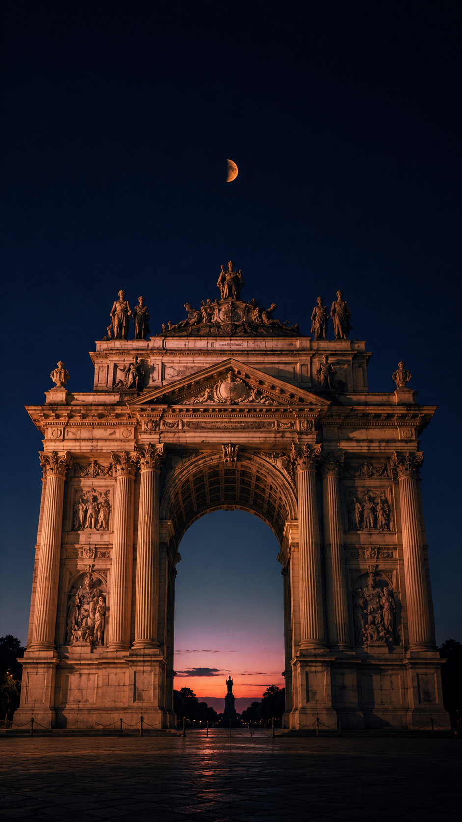 Monumental neoclassical arch illuminated at dusk beneath a dark navy sky with a small warm half moon.