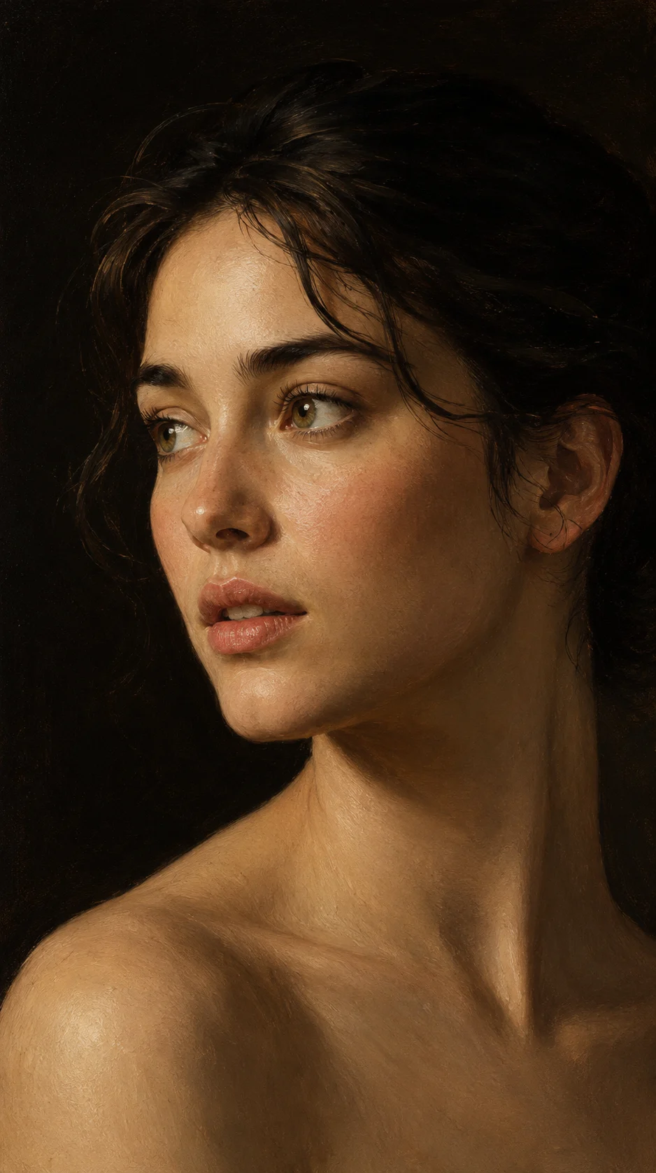 Vertical classical oil portrait with hazel-green eyes, dark swept-back hair, soft upper-left light, and a deep brown background.