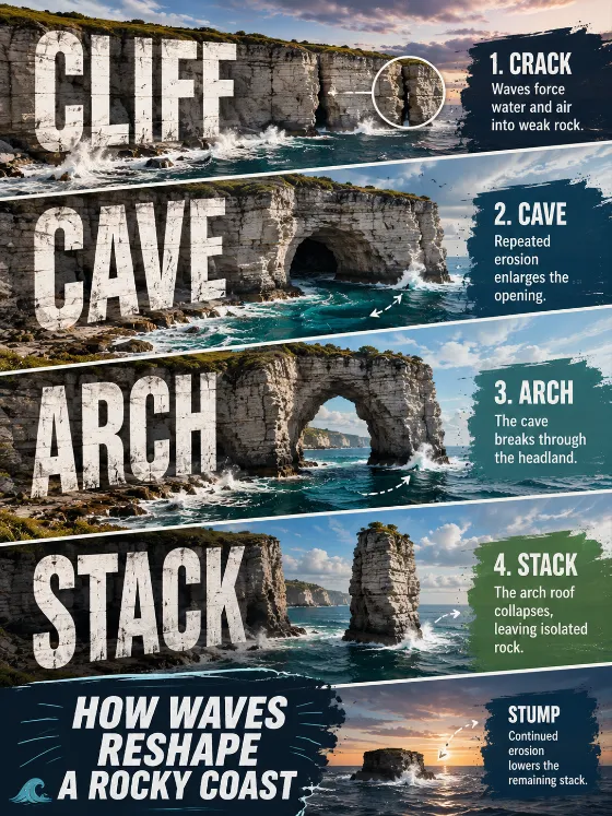 Coastal erosion poster with four angled rock strips, oversized stage words, realistic wave direction, and a small final stump silhouette.