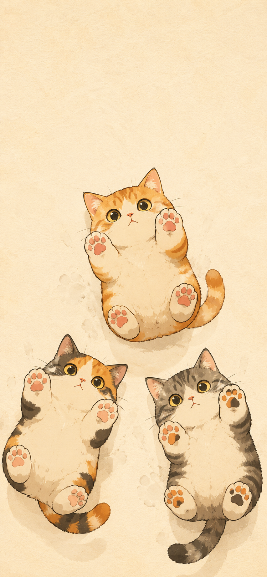 Three adorable cartoon cats with expressive faces clinging to a glass surface against a soft paper background.