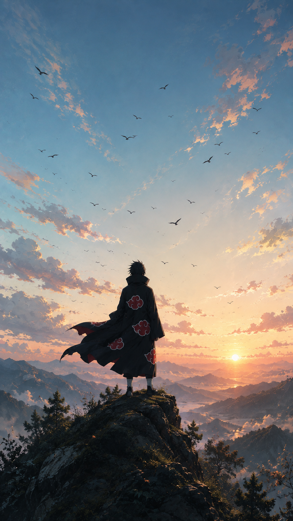 Anime-inspired phone wallpaper showing a cloaked figure standing on a mountain ridge beneath a bird-filled peach sunset sky.