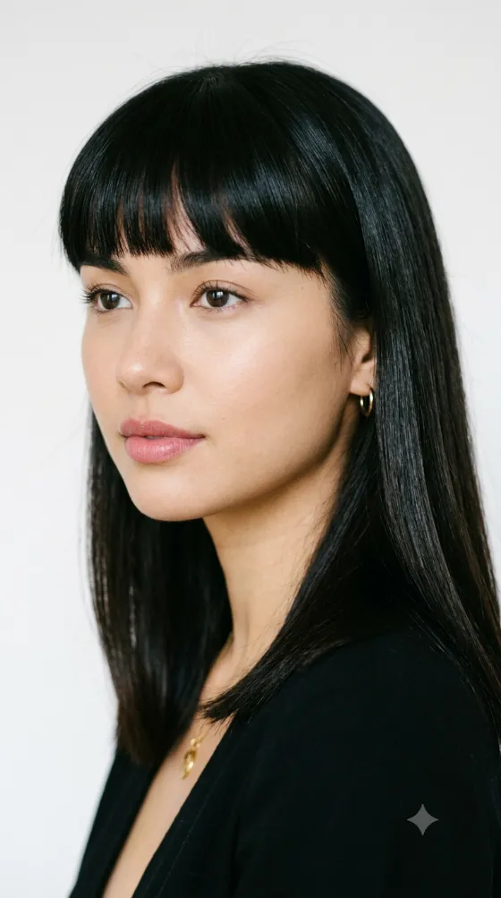 Close beauty portrait with sleek dark hair, full blunt bangs, rose-pink lips, soft off-camera gaze, black garment, and clean white studio background.