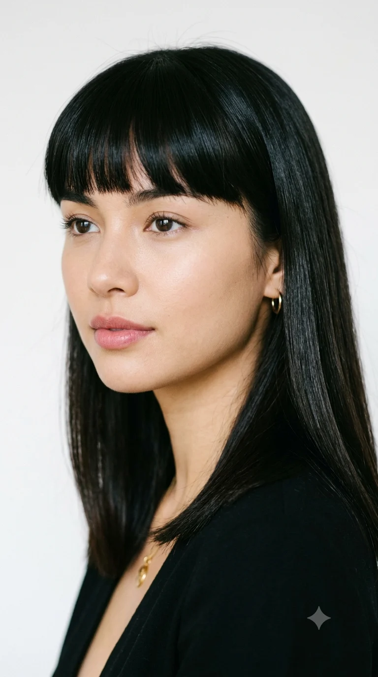 Close beauty portrait with sleek dark hair, full blunt bangs, rose-pink lips, soft off-camera gaze, black garment, and clean white studio background.