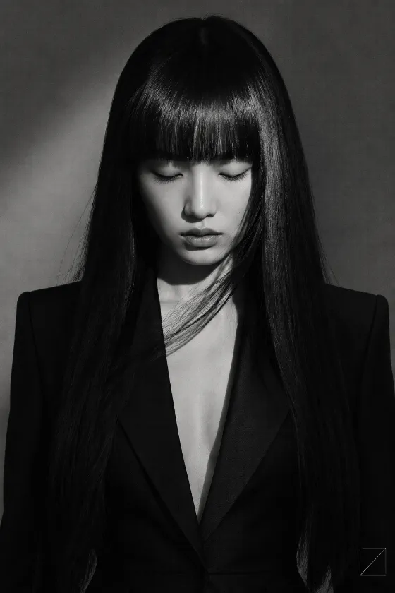 Black-and-white fashion portrait with closed eyes, long straight hair, blunt bangs and a sharply tailored black blazer.
