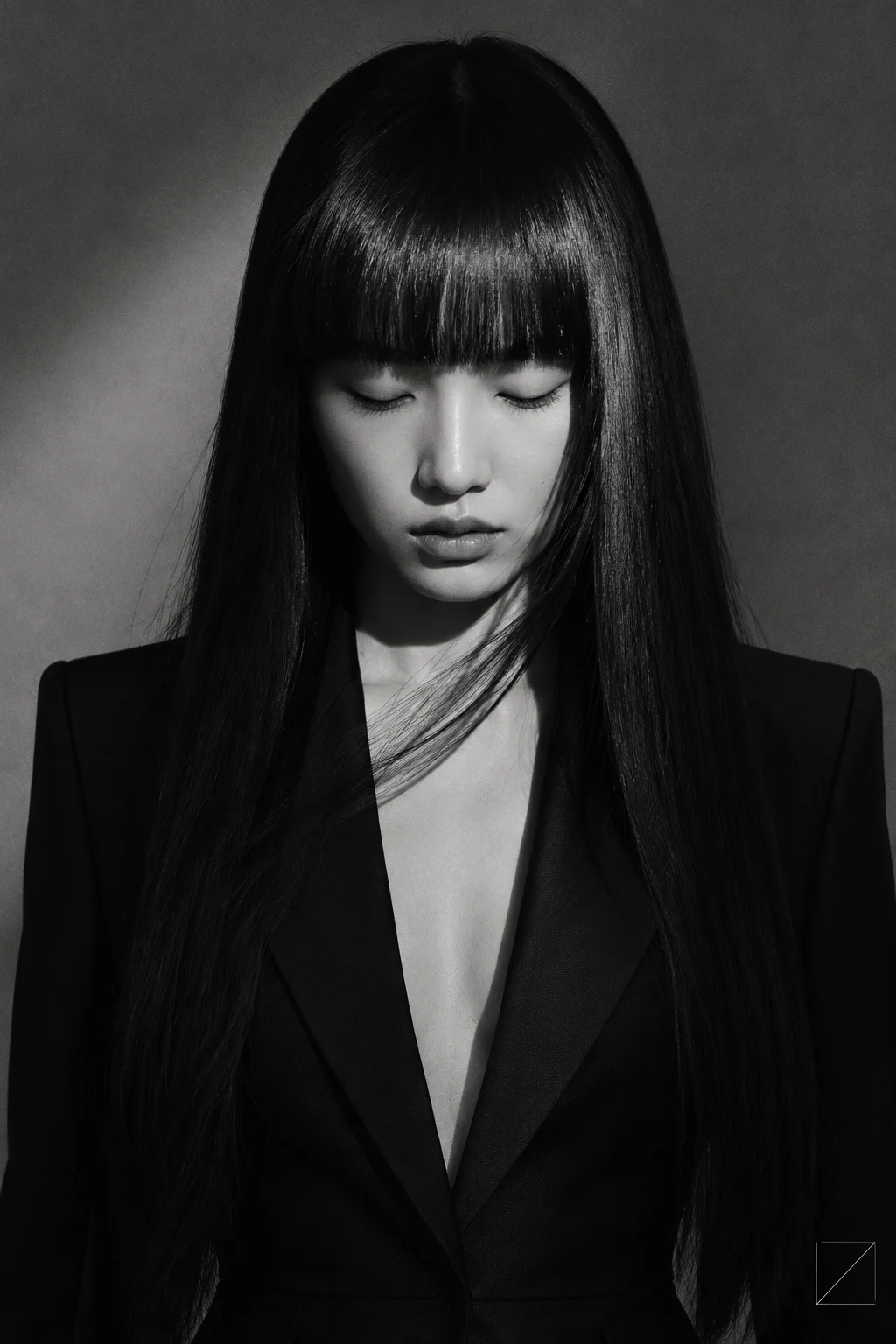 Black-and-white fashion portrait with closed eyes, long straight hair, blunt bangs and a sharply tailored black blazer.