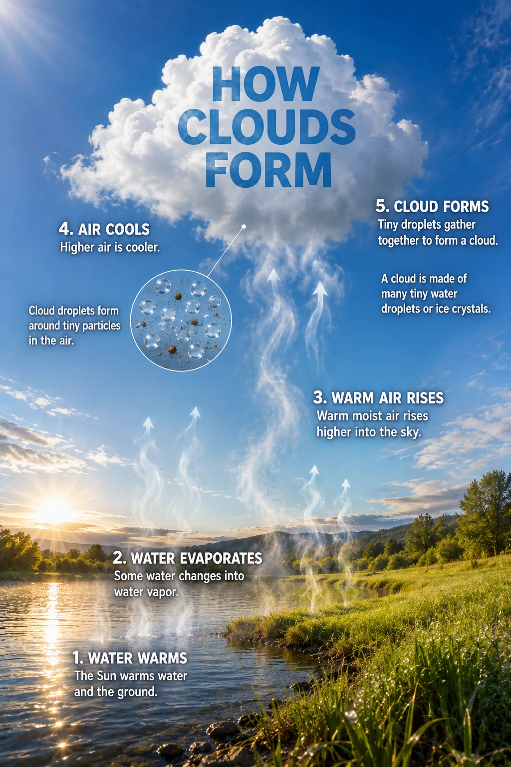 Educational weather scene showing evaporation from a lake, rising moist air, condensation around tiny particles, and a formed cumulus cloud.