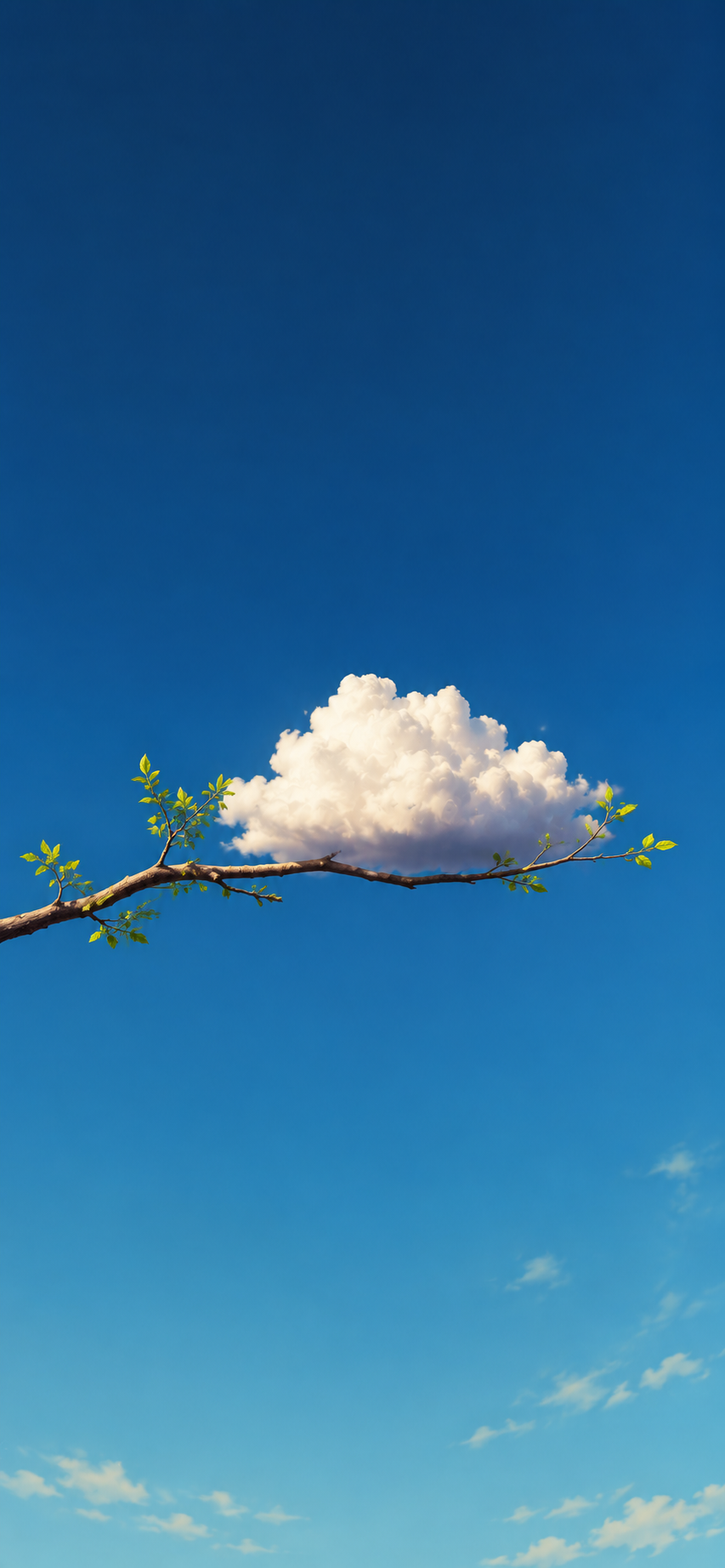 A soft white cloud resting on a slender tree branch beneath a vast blue sky.