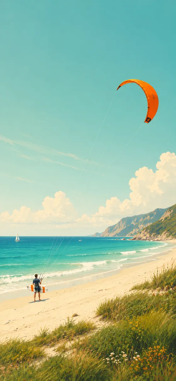 Minimal coastal illustration showing a bright orange kite flying above a sandy beach and turquoise ocean with a lone kitesurfer below.