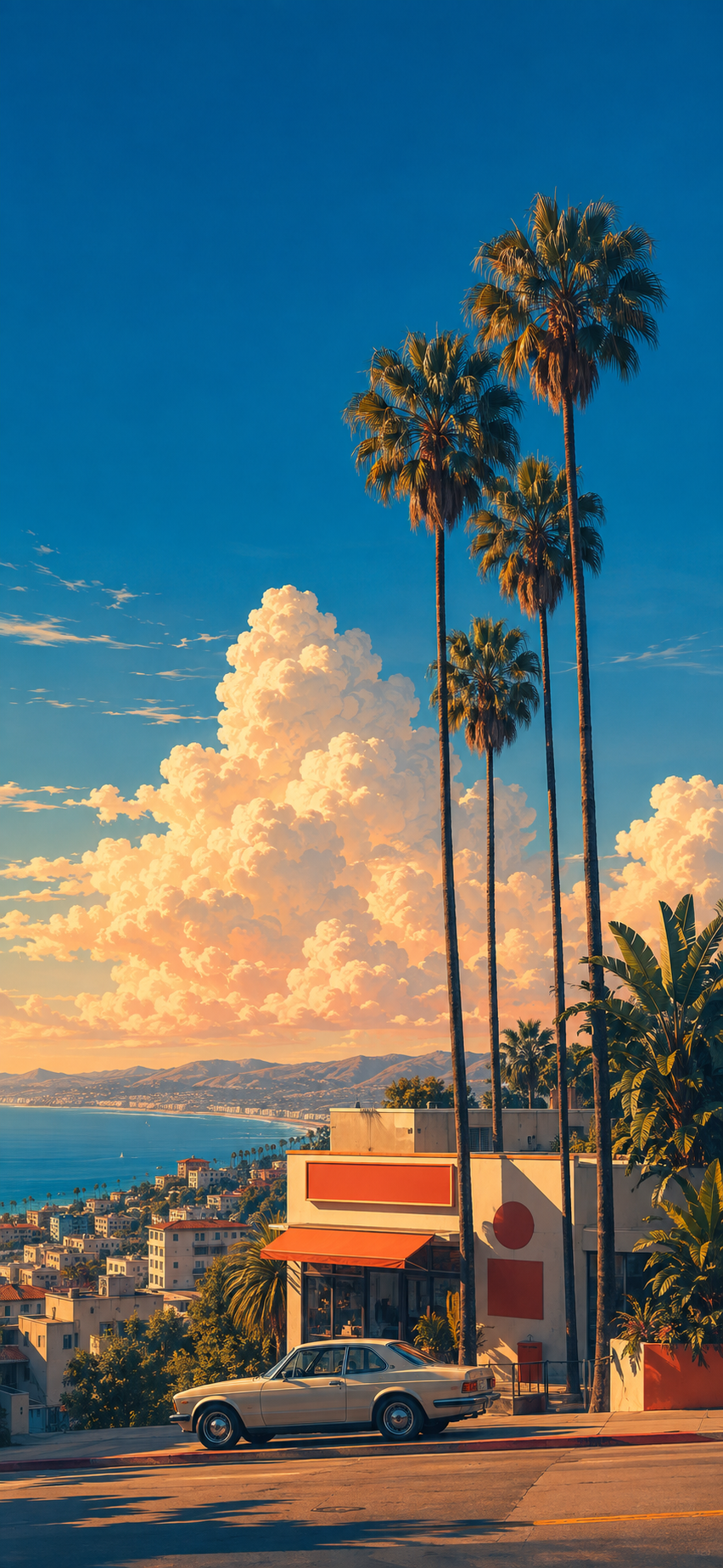 Tall coastal city wallpaper with palm trees, a retro roadside building, vintage car, distant bay, and large glowing clouds under a vivid blue sky.