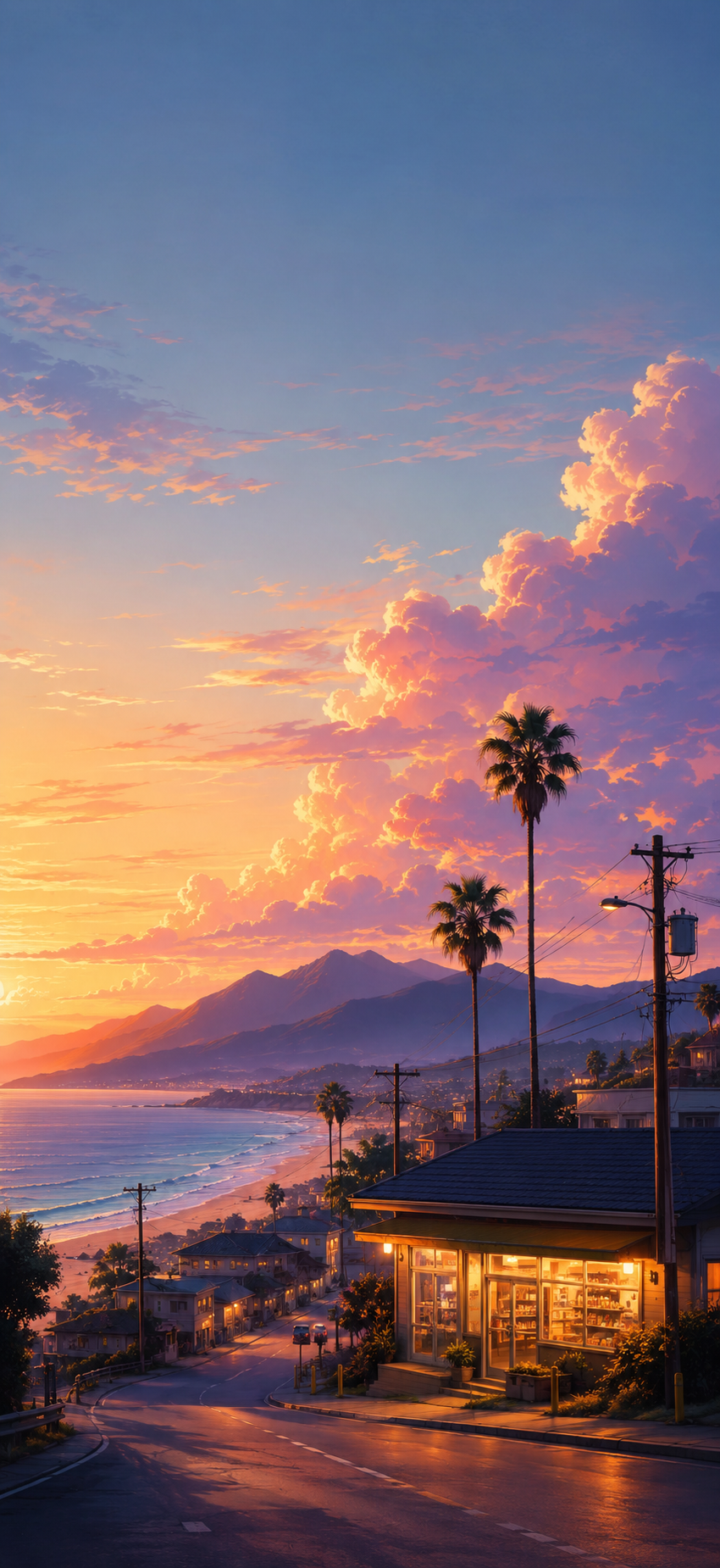 Cinematic coastal sunset town with palm trees, ocean, mountains, glowing clouds, roadside buildings, and warm storefront light.