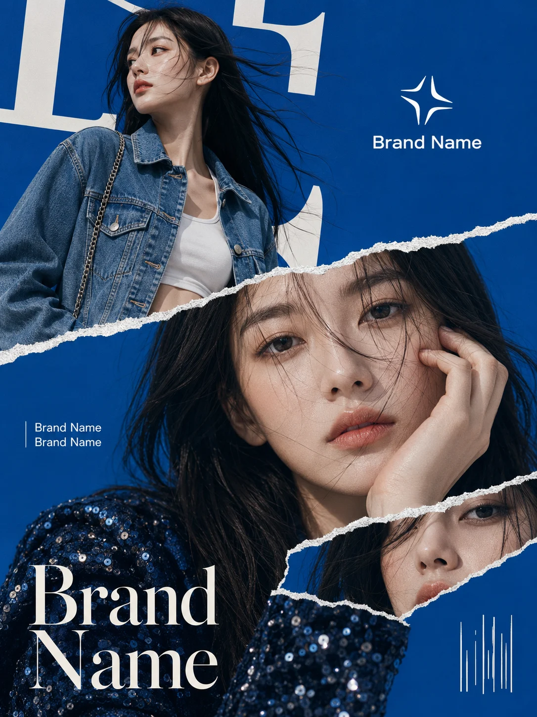 Vertical denim fashion collage with one model, layered face fragments, torn white paper edges, and a bold cobalt-blue background.