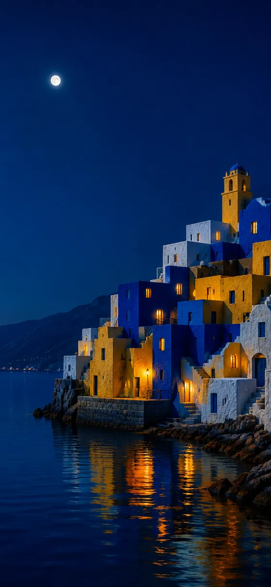 Stacked blue, yellow, and white coastal buildings beside reflective water under a deep blue sky with a small moon.