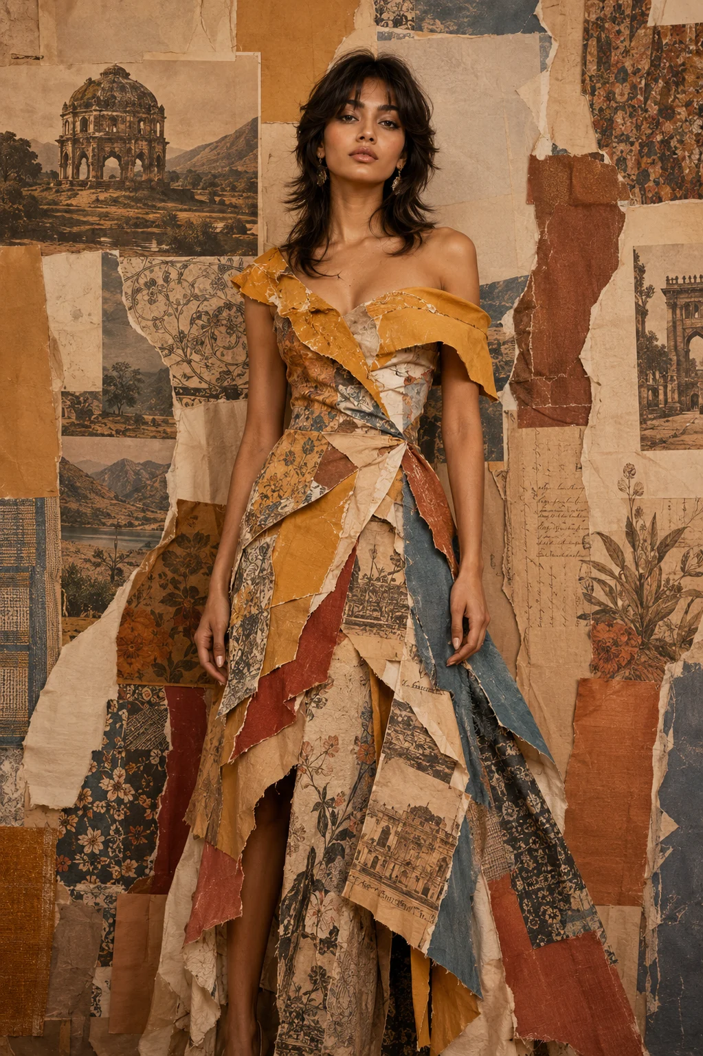 Vertical editorial fashion image of a young South Asian woman in a collage-inspired patchwork dress against a torn-paper art backdrop.
