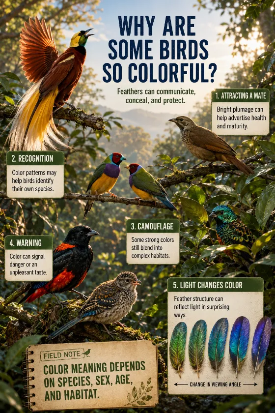 Educational bird-color poster with layered forest habitat, realistic feather textures, five large labels, and a field note about plumage variation.