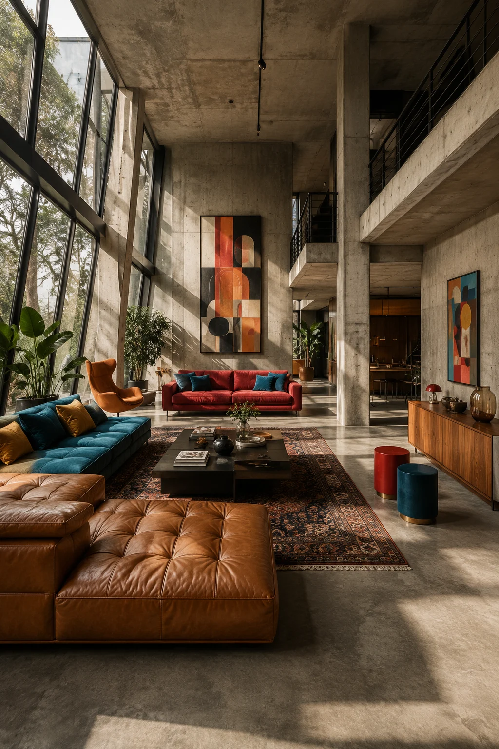 Colorful brutalist loft living room with exposed concrete, caramel leather sectional, teal sofa, red sofa, patterned rug, and large windows.