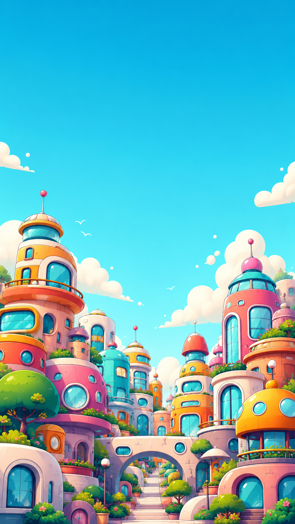 Colorful cartoon town phone wallpaper with rounded pastel buildings, cream clouds, and a bright turquoise sky.