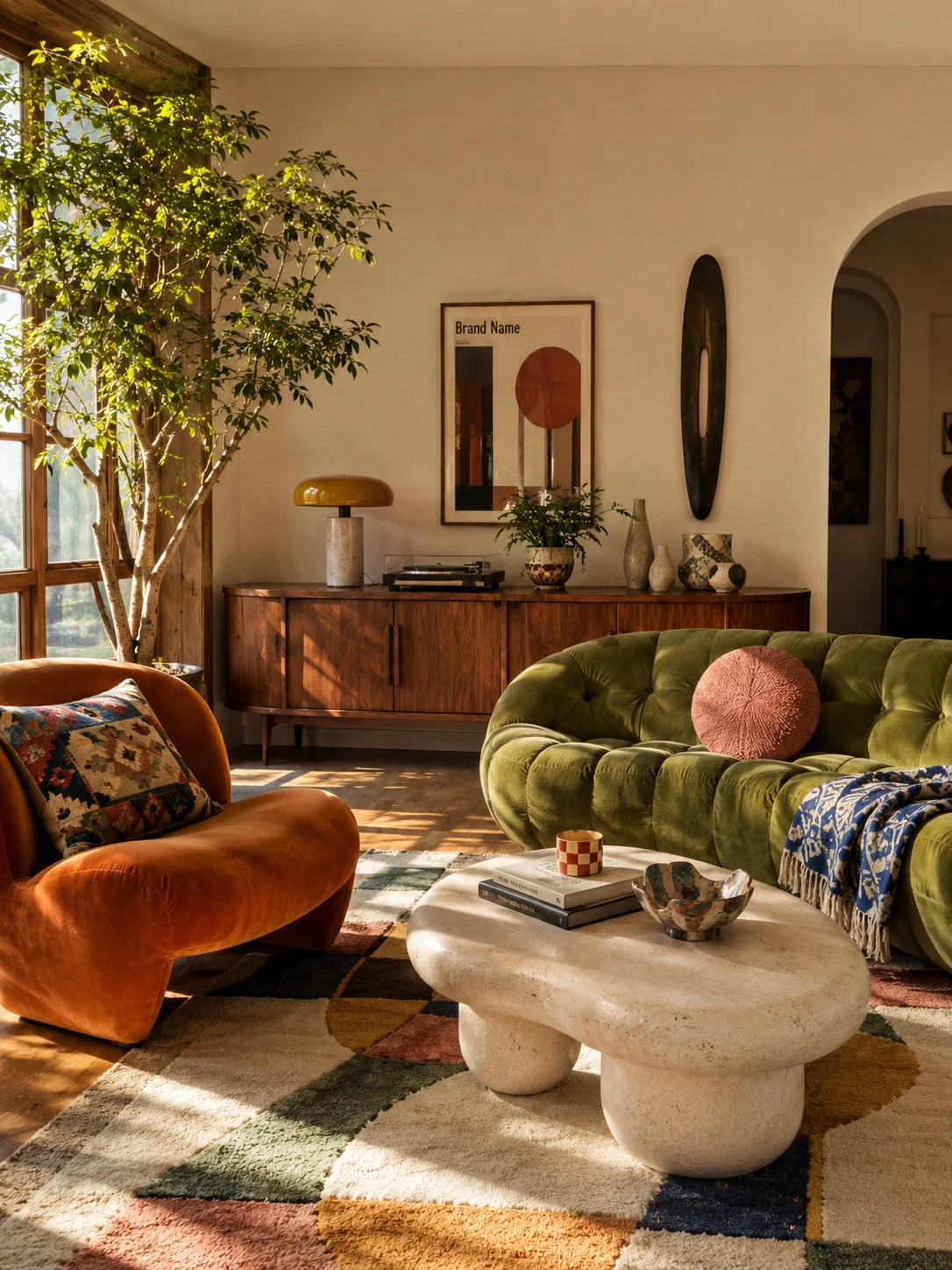 Eclectic living room with an orange velvet chair, olive green sofa, geometric rug, and walnut credenza in warm afternoon light.