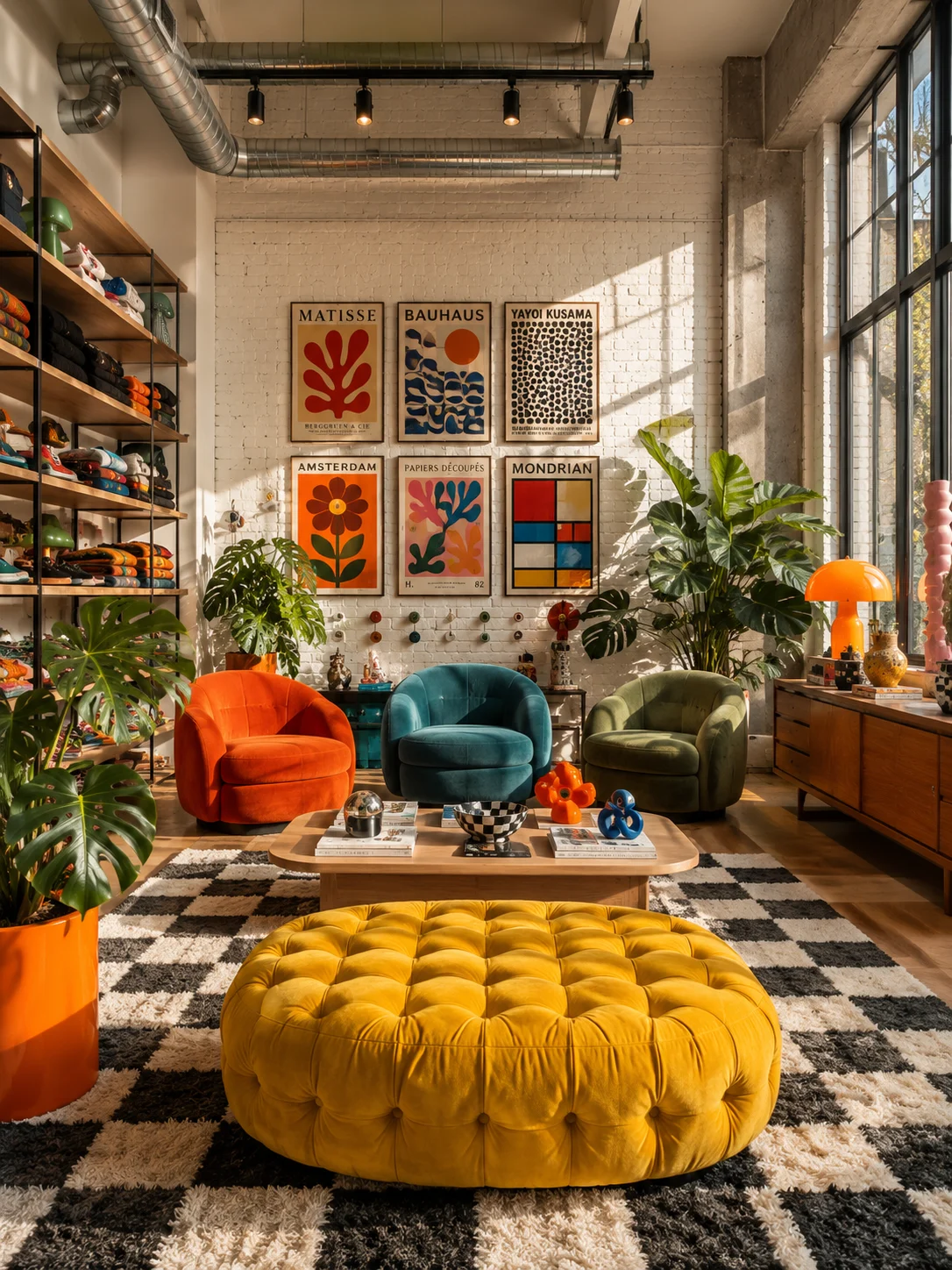 Colorful eclectic living room with mustard ottoman, orange teal and olive chairs, graphic art, plants, and checkerboard rug.