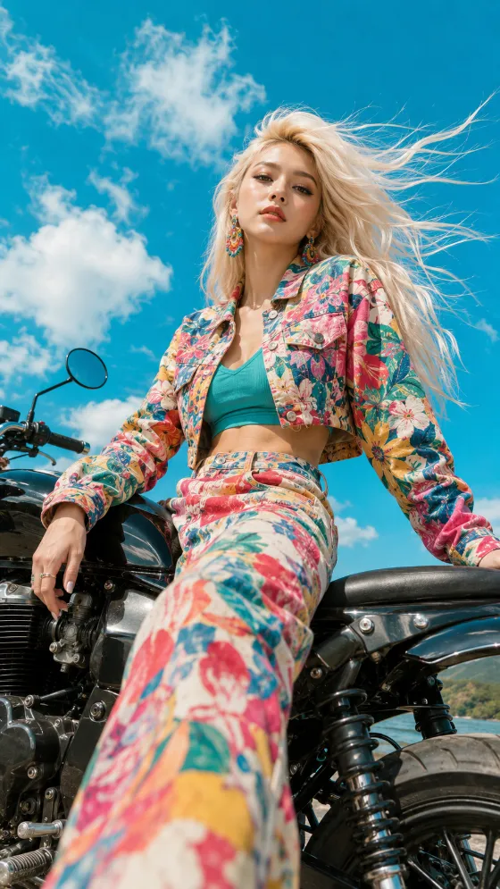 Multicolor floral motorcycle outfit with windblown blonde hair, teal top, and patterned pants against a turquoise-blue sky