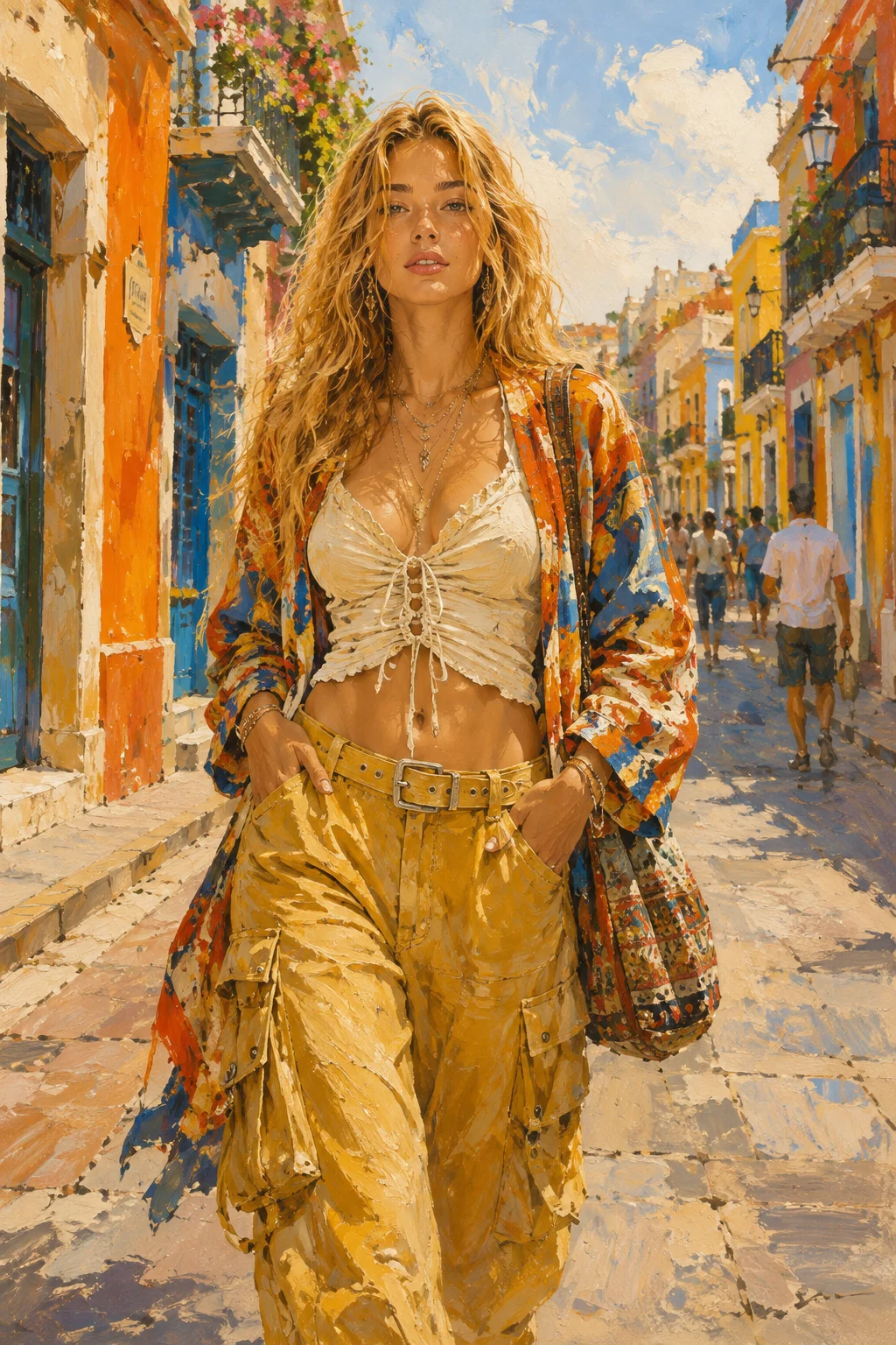 Colorful painterly streetwear outfit with golden utility trousers and a multicolored patterned jacket in a sunlit urban street.