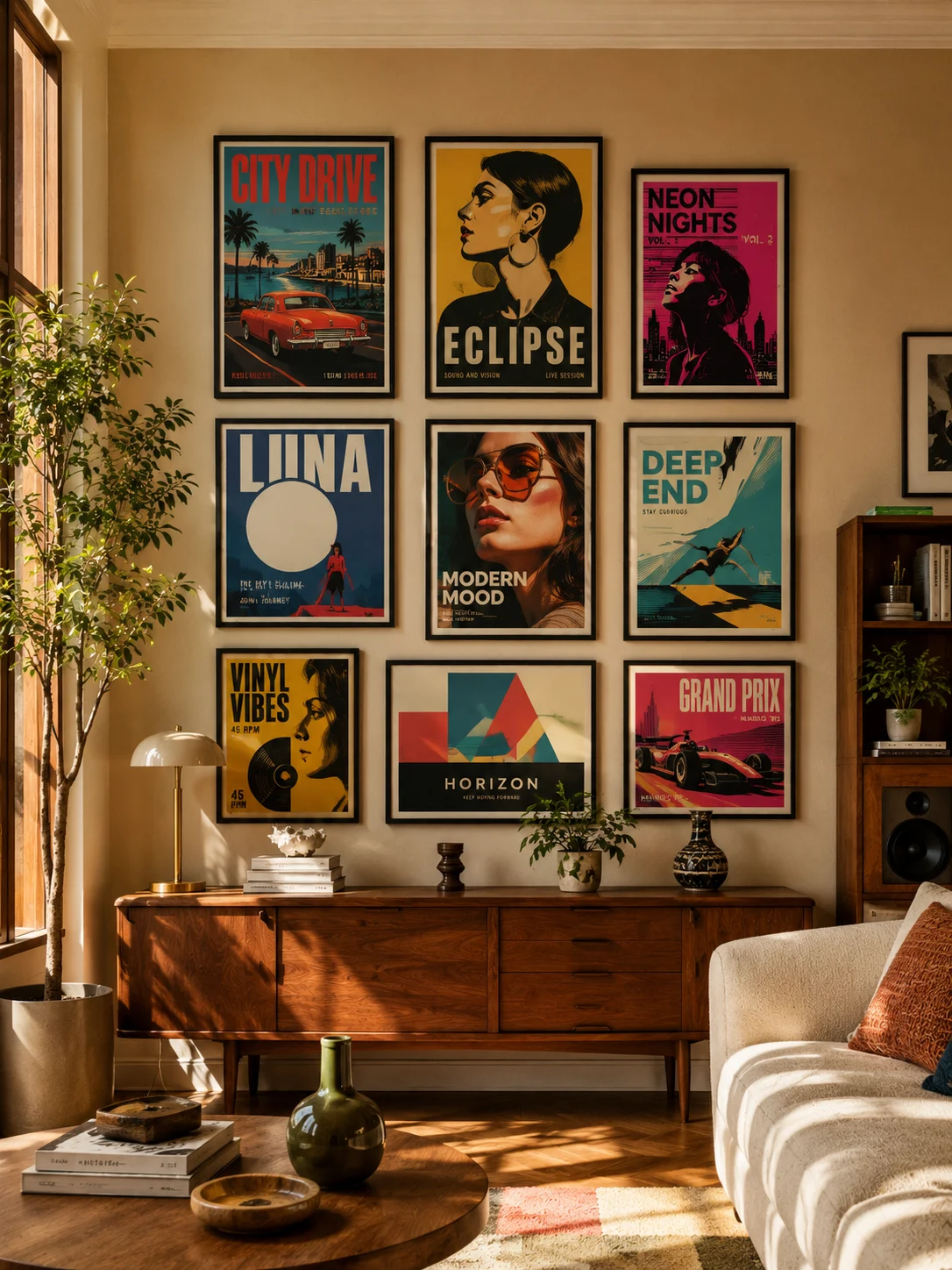 Warm living room with nine colorful framed graphic posters, walnut furniture, plants, and afternoon sunlight.
