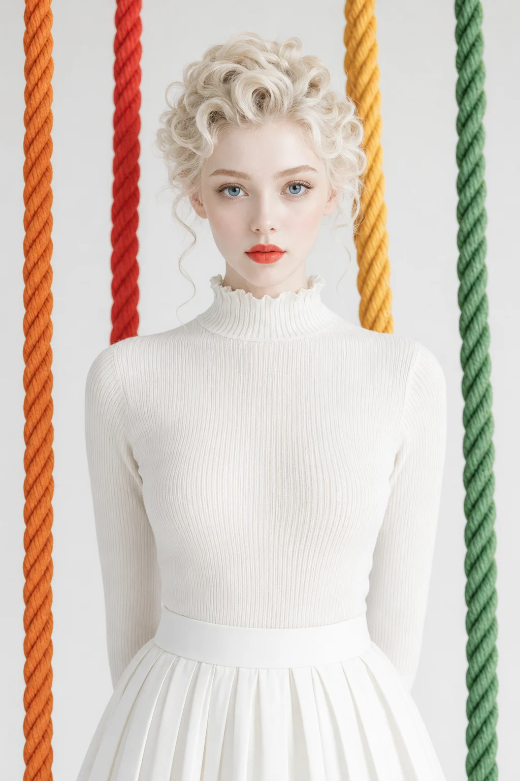 Studio portrait of a woman in a white outfit standing between colorful hanging ropes.