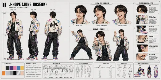 Landscape character design board with a colorful stage performer, expression studies, dynamic poses, outfit details, palette swatches, and construction drawings.