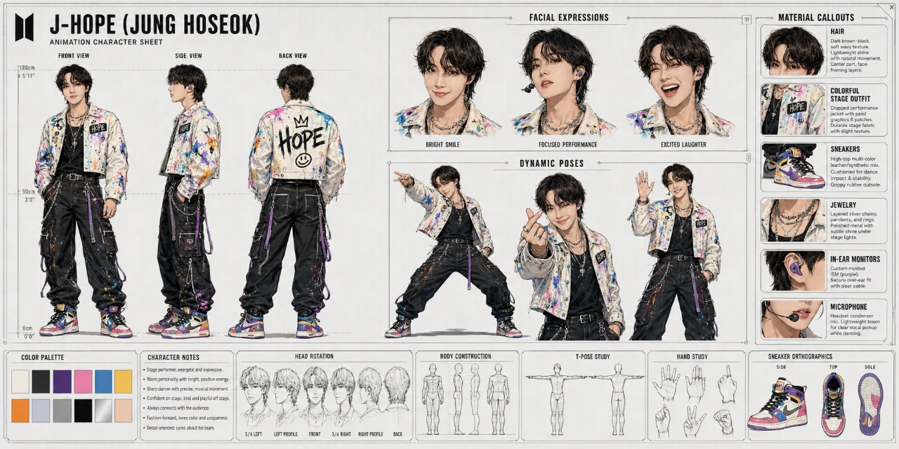 Landscape character design board with a colorful stage performer, expression studies, dynamic poses, outfit details, palette swatches, and construction drawings.