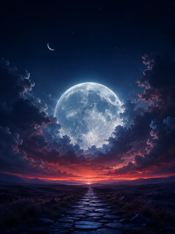 Cinematic cosmic iPad wallpaper with a giant glowing moon, storm clouds, stars, and a stone path through a dark landscape.