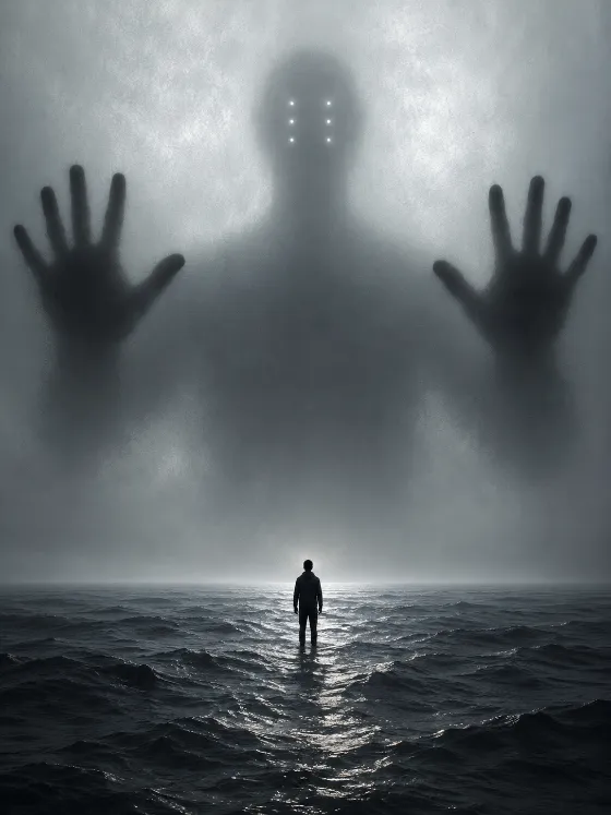 Dark cinematic ocean artwork with one small figure and a giant shadow behind a frosted veil.