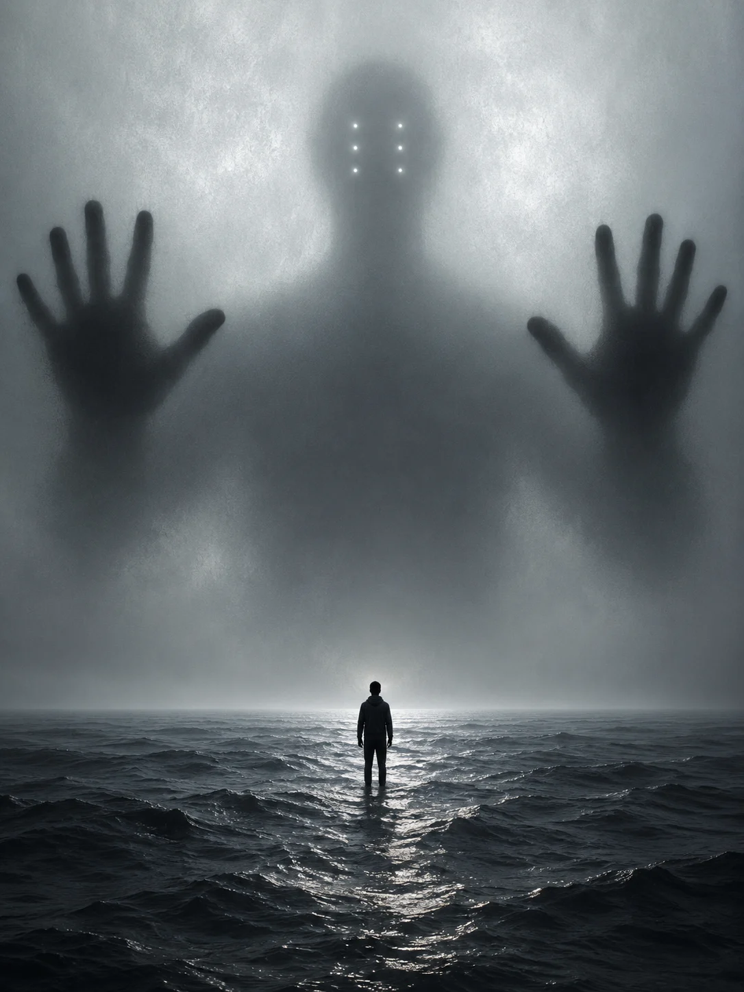 Dark cinematic ocean artwork with one small figure and a giant shadow behind a frosted veil.