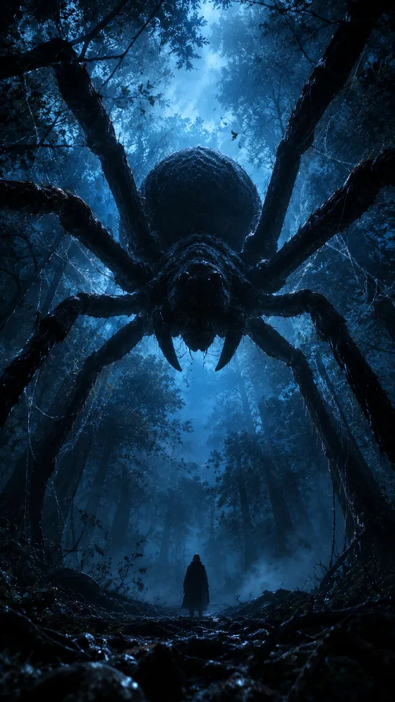 A giant dark spider towers above a tiny cloaked figure in a blue misty forest.
