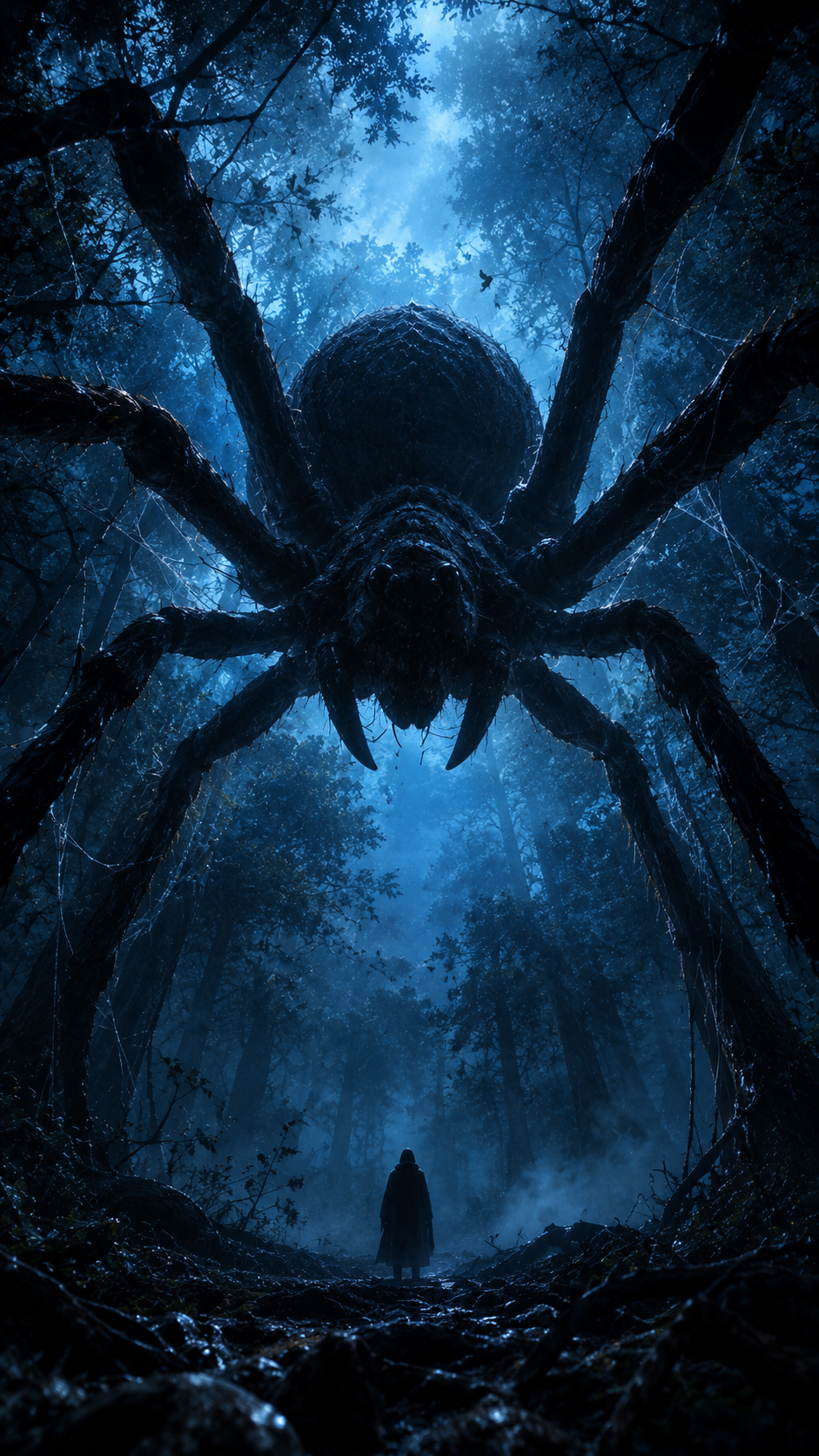 A giant dark spider towers above a tiny cloaked figure in a blue misty forest.