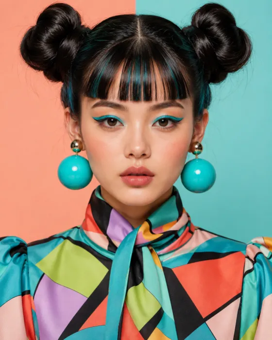 Centered studio beauty with twin buns, turquoise sphere, geometric silk blouse, and split-color pastel background.