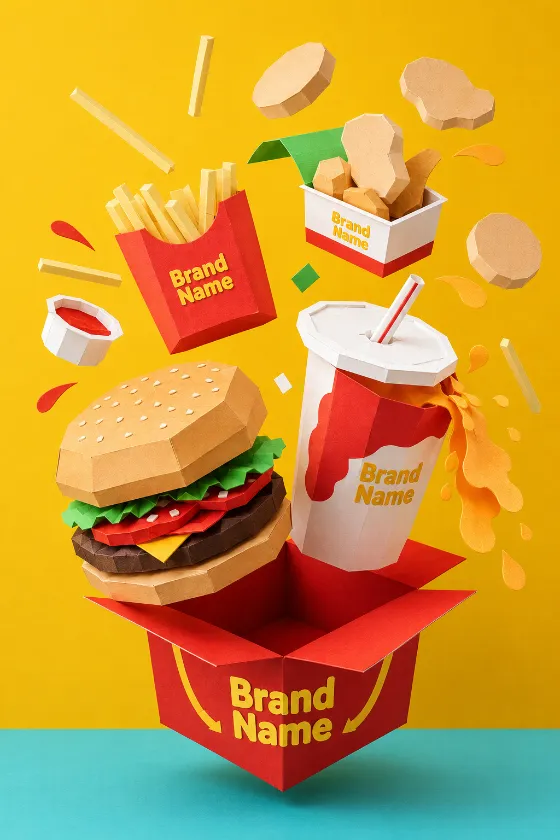 Paper-crafted fast-food combo with burger, drink, fries, and snack carton floating above an open takeaway box in a bright yellow studio.