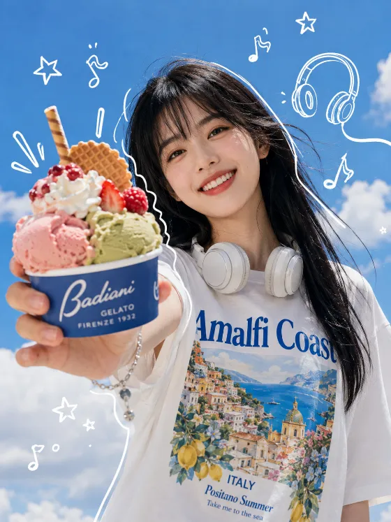 Outdoor commercial portrait of a smiling fashion subject holding a colorful gelato under a bright blue sky.