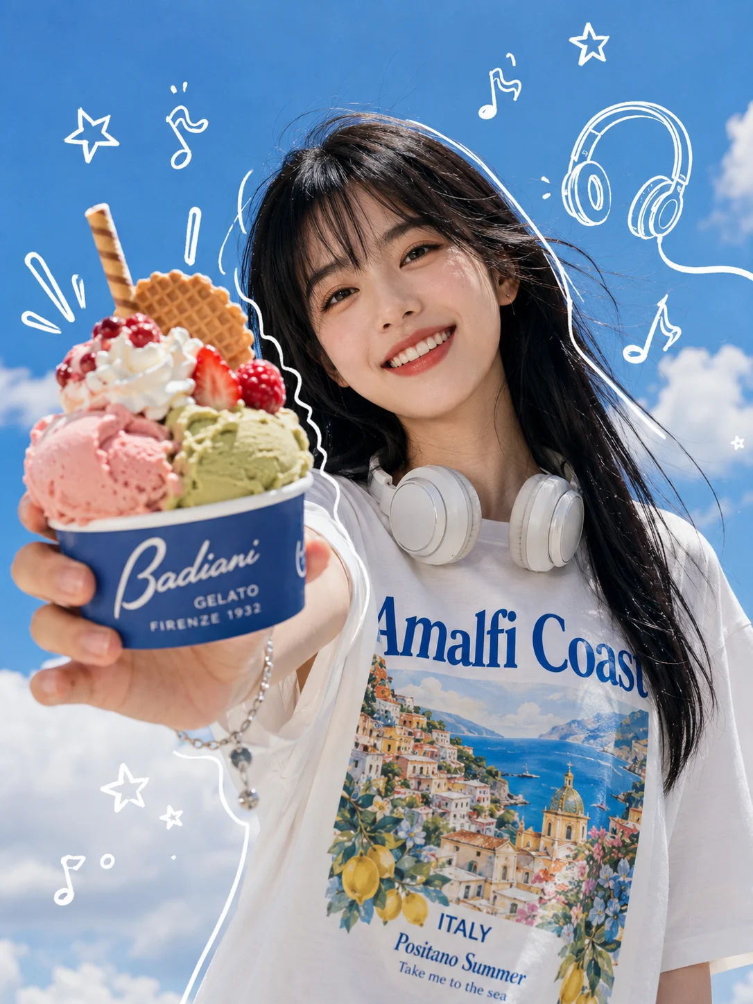 Outdoor commercial portrait of a smiling fashion subject holding a colorful gelato under a bright blue sky.