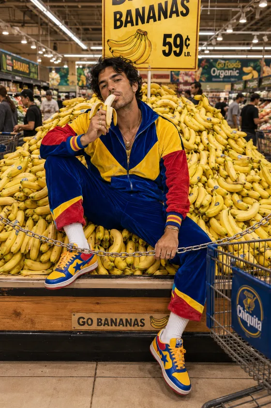 Fashion subject sitting on a supermarket banana display while eating a peeled banana in a colorful editorial portrait.