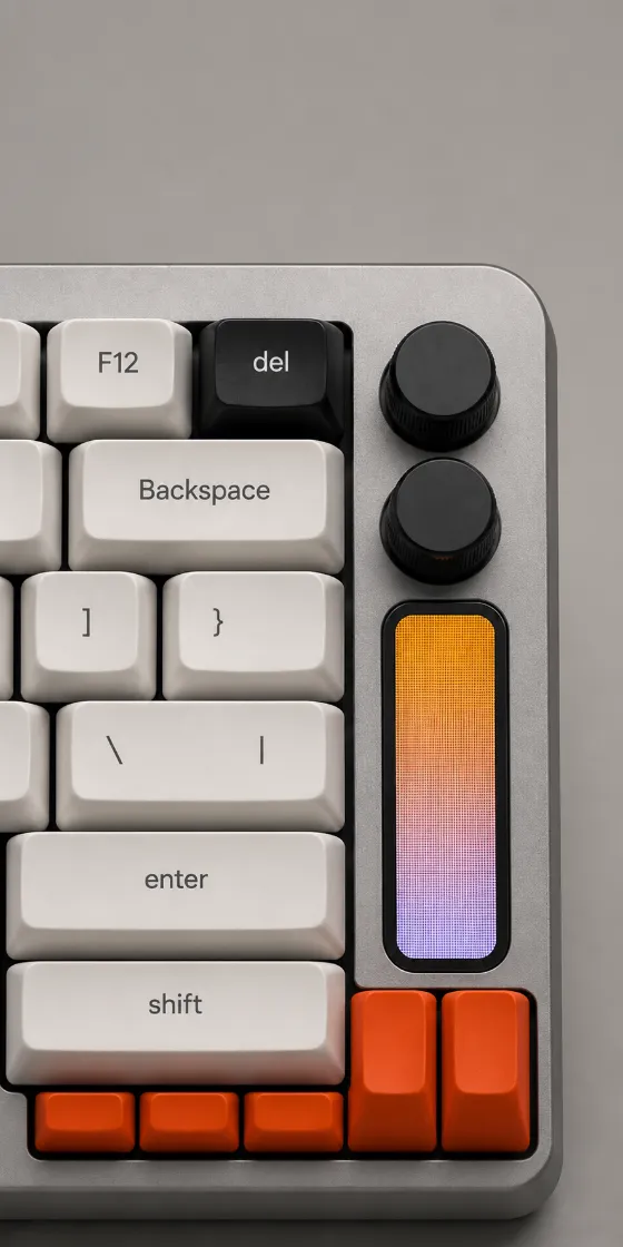 Minimal product render of a compact mechanical keyboard with orange accent keys and illuminated vertical control display.