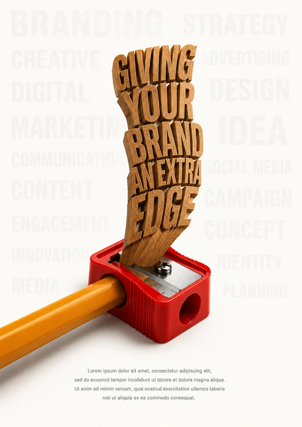 A red pencil sharpener carving a three-dimensional wooden typography sculpture from a yellow pencil on a clean editorial paper background with ample negative.