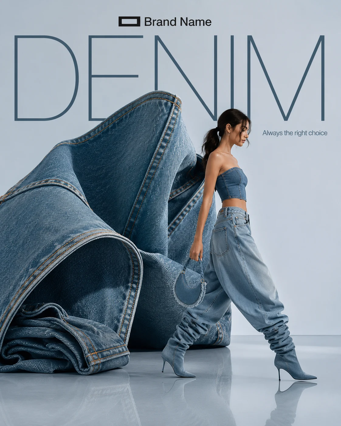 Vertical denim campaign with a full-body model, giant sculptural jeans, oversized typography, and a pale blue-gray background.