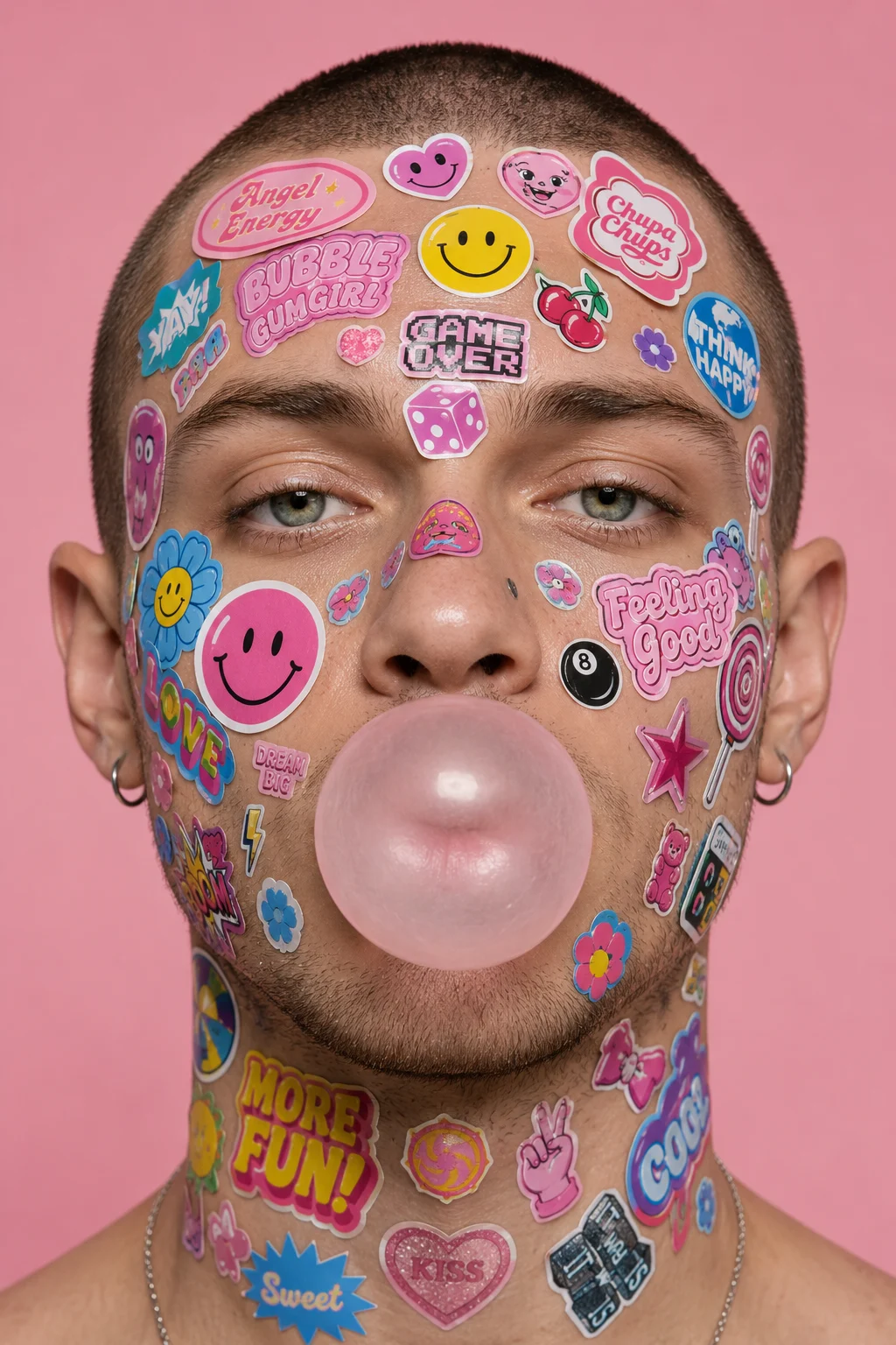 Centered editorial portrait with colorful stickers and bubblegum against a pastel pink background.