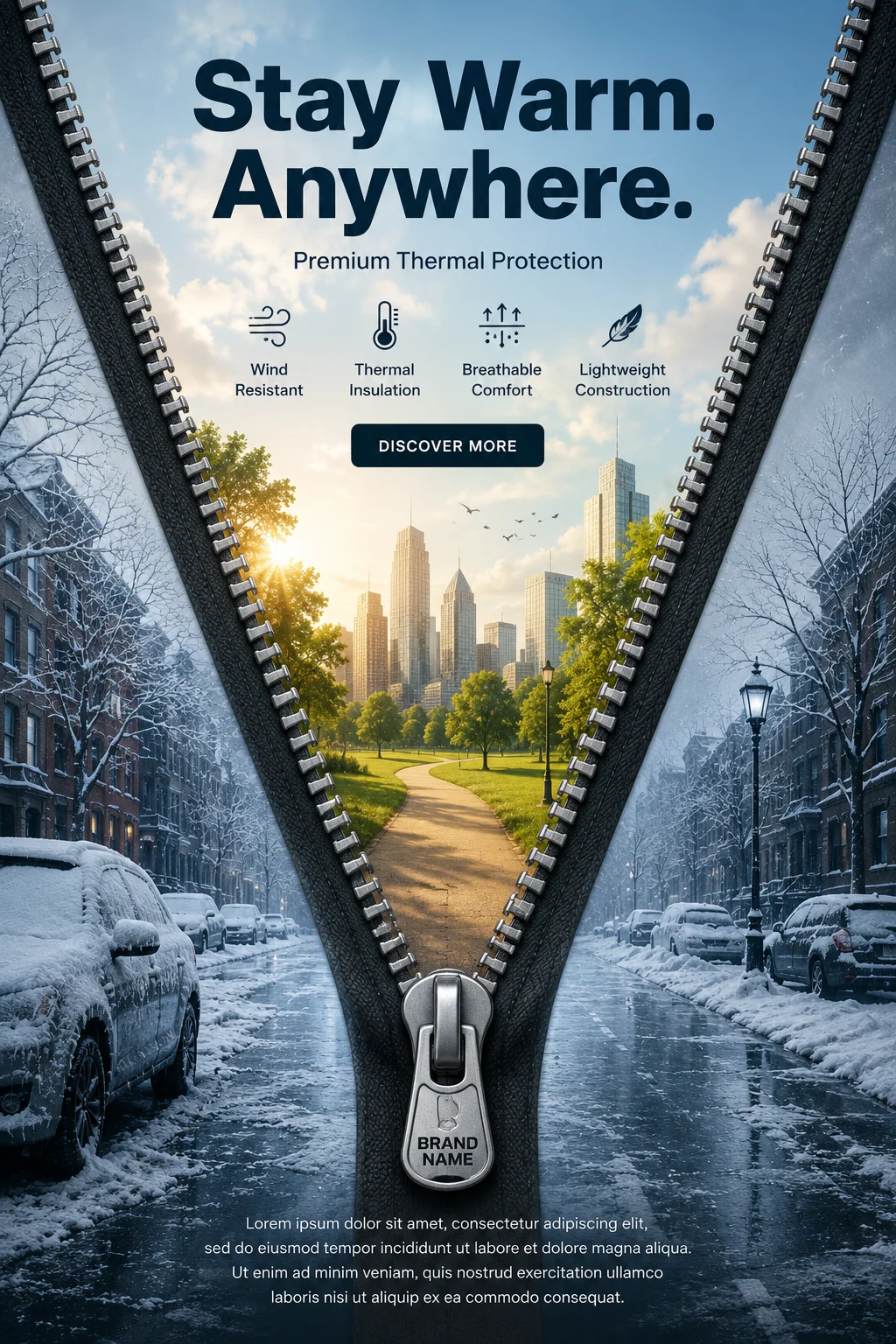 A large zipper divides a snowy winter city from a warm sunny urban park in a conceptual advertising composition.