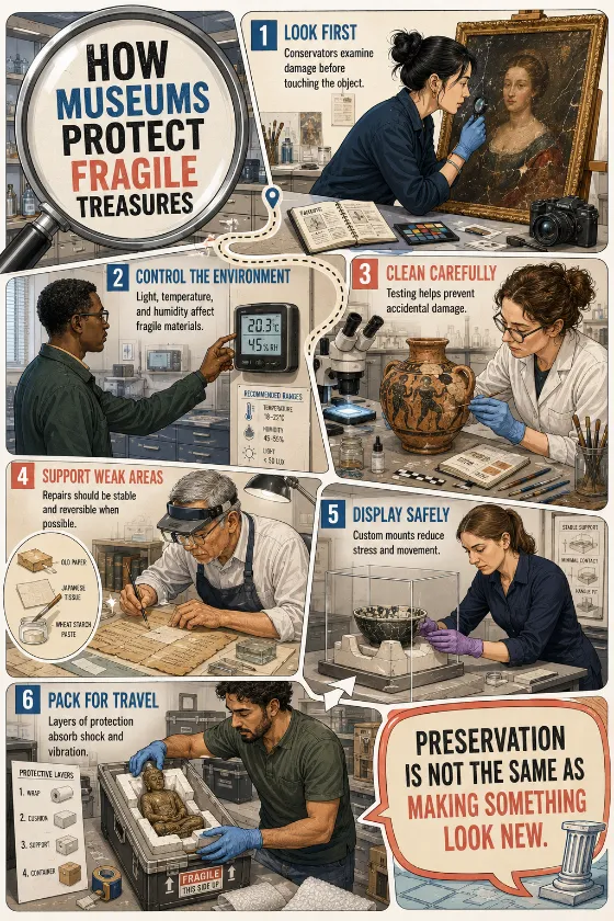 Educational conservation comic with six unequal scenes showing museum staff inspecting, cleaning, repairing, mounting, monitoring, and packing.