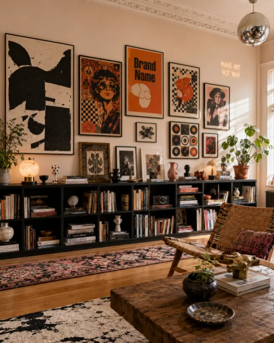 Eclectic art-collector living room with black bookcase, colorful gallery wall, books, vintage objects, hardwood floor, and woven chair.